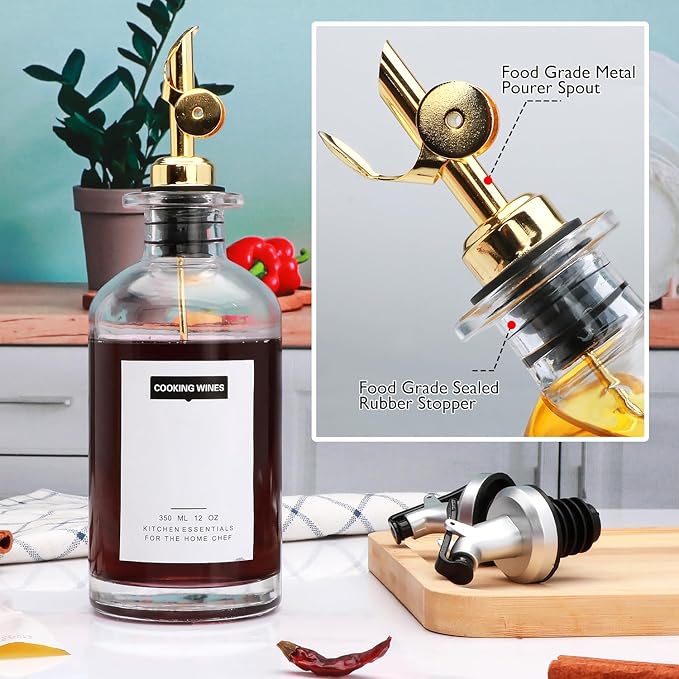 Salzesfalls 12 oz Olive Oil Dispenser Bottle for Kitchen - Elegant Glass Set of 2 With Pour Spout for Coffee Syrup, Vinegar