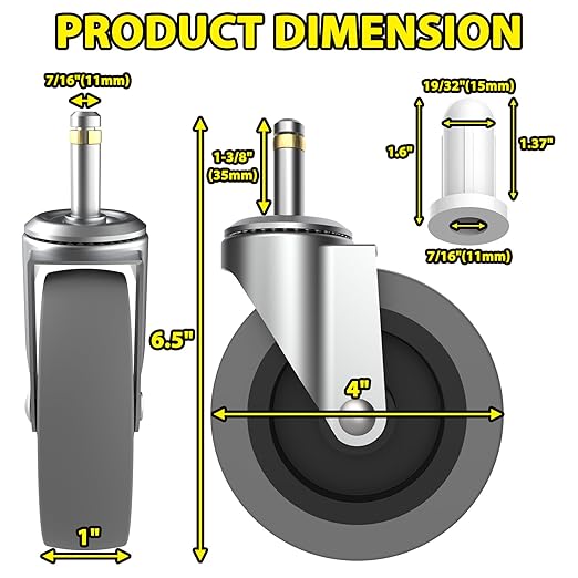 4 Inch Swivel Stem Caster Wheels, 7/16-Inch Stem Diameter Rubber Castors, Heavy Duty TPR Replacement Wheels for Utility Carts Rubbermaid Mop Bucket Shop Vac Weber Grills - 4 Pack