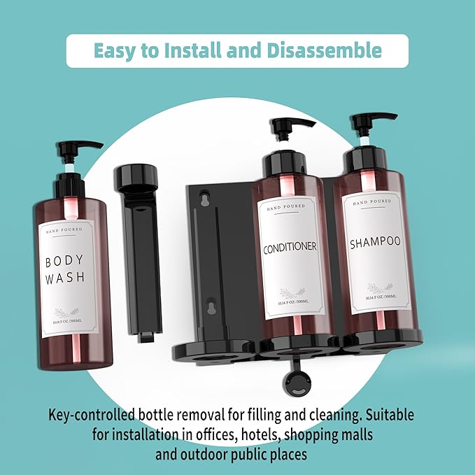 Plastic Soap Dispenser，Wall Mount Shower Pump，No-Drill Wall Mounted Shower Soap Dispenser，Shampoo and Conditioner Dispenser Modern Refillable Shampoo Pump Bottles for Shower Soap