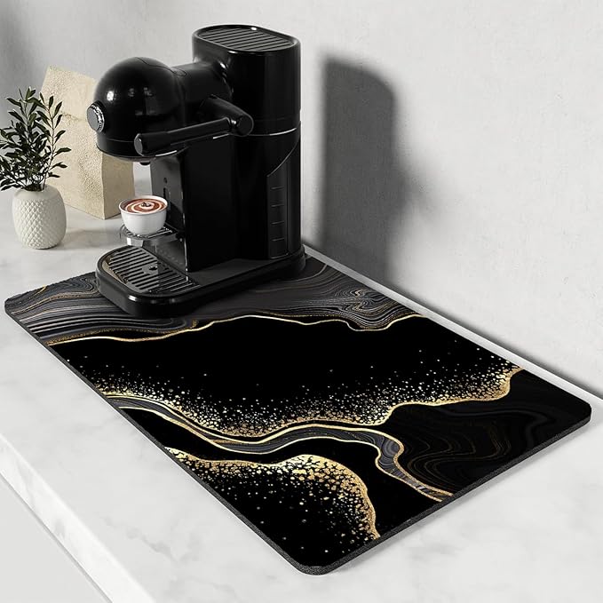 Dish Drying Mat for Kitchen Counter, Black and Gold Marble Design, Washable Absorbent Quick Dry Pad with Rubber Backing, Draining Mat for Dishes Coffee Table, 16" x 24"