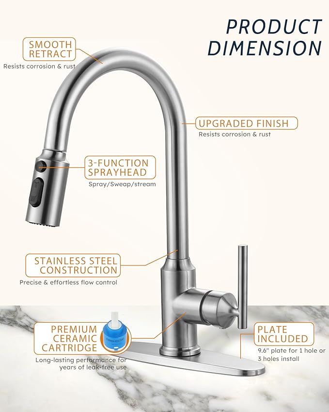 WOWOW Kitchen Faucets with Pull Down Sprayer, Chrome Kitchen Faucet with Sprayer, 304 Stainless Steel High Arc Single Handle Pull Down Kitchen Faucet for Kitchen Sink Faucet