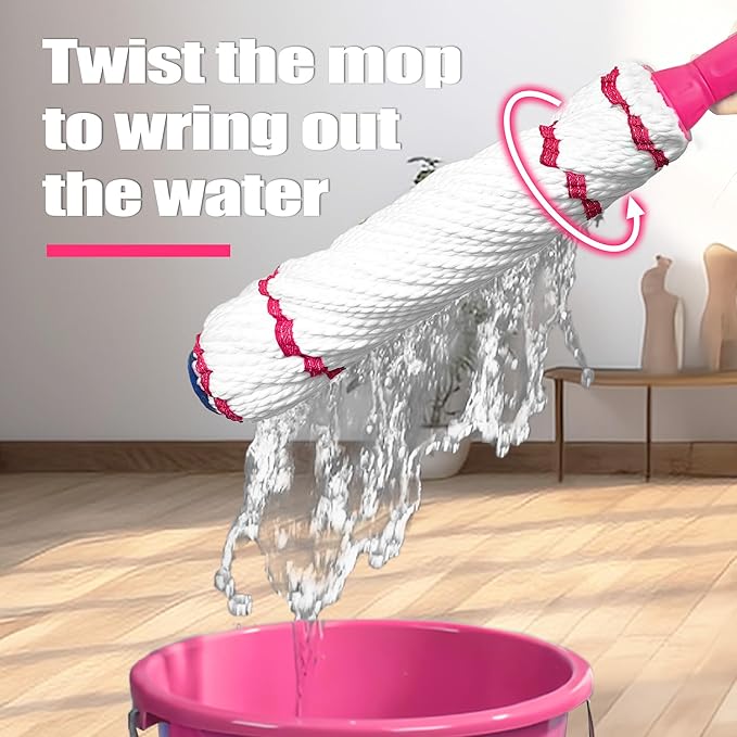 Self Wringing Twist Mop for Floor Cleaning, Upgraded 18-inch Wide Microfiber Mops, 55 Inches Long Handle Wet Dry Kitchen Easy Squeeze String Mop for Wood, Hardwood, Tile, Marble (red)