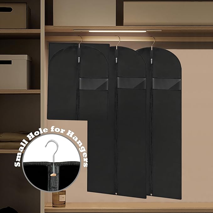 Dress Bags for Gowns Long, 60'' Garment Bags for Hanging Clothes, Suit Bag Cover for Storage and Travel, 2 Pack (Black)