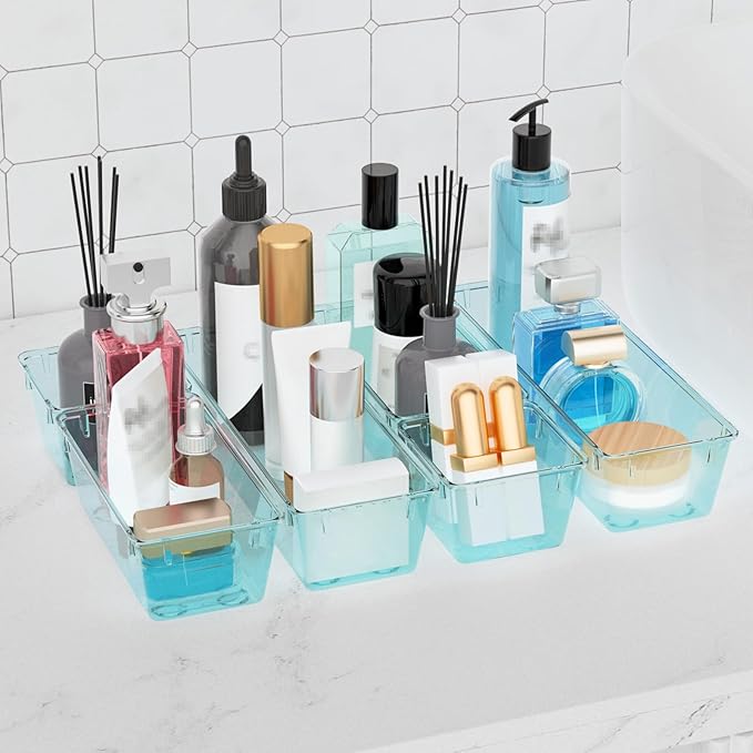 WOWBOX 9 Pack Clear Drawer Organizer Set, Acrylic Drawer Storage Trays, Storage Bins for Makeup, Cosmetics, Jewelries, Utensils, Gadgets, Office, Sea Blue