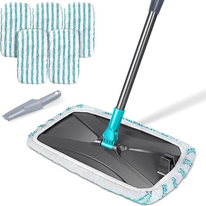 MASTERTOP Microfiber Flat Mop, Extra Large Surface Dust Mop with 5 Wet & Dry Reusable Pads, Hardwood Mops with Telescopic Handle for Laminate, Tile, Vinyl Floor Cleaning, 1 Cleaning Scraper