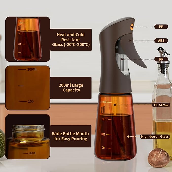 Olive Oil Sprayer for Cooking Glass, 200ml Olive Oil Dispenser Bottle Brown, Spray Bottles Oil Dispenser for Kitchen, Kitchen Gadgets for Salads, Grilling with 3 in 1 Cap Brush ＆ Straw Brush