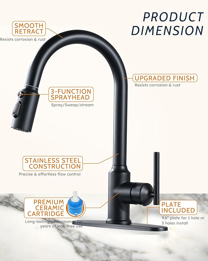 WOWOW Kitchen Faucet with Pull Down Sprayer, Matte Black Kitchen Faucet with Sprayer, Stainless Steel High Arc Single Handle Pull Down 3 Hole Black Bar Sink Faucet Kitchen for Rv Sink Faucets Kitchen
