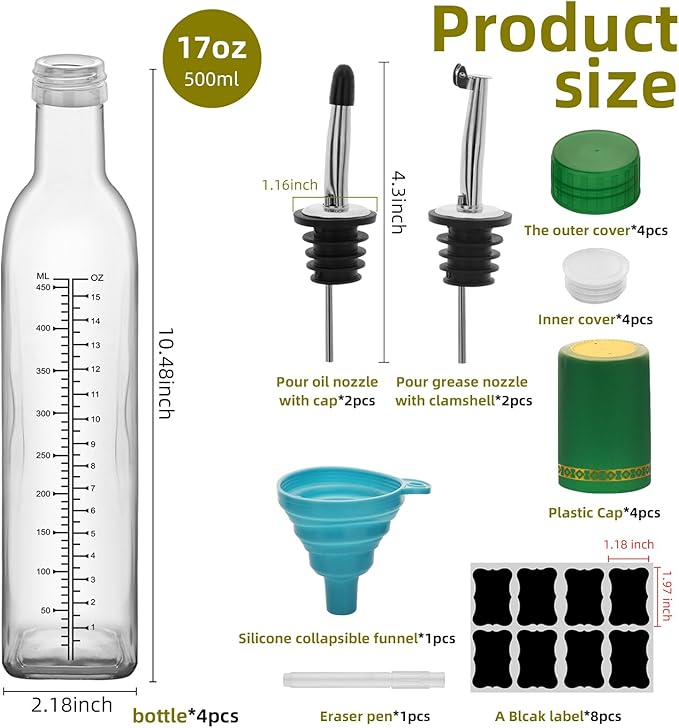 17oz 4 Pcs Scale Olive Oil Dispenser Bottle,500ml Glass Oil and Vinegar Dispenser Set with 4 Stainless Steel Pourers, 8 Labels,Funnel Oil Bottles for Kitchen (Clear)