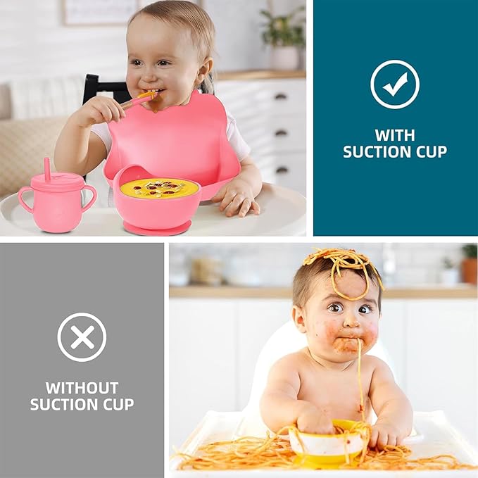 100% Silicone baby feeding set,BPA free Baby dishes set with Suction Bowl Divided Plate,Toddler Self Feeding Dish Set with Spoons Forks Sippy Cup And Bib, Baby Eating Utensils (Hot Pink)