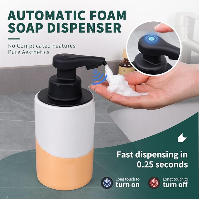 BosilunLife Automatic Soap Dispenser Ceramic Hand Free Soap Dispenser with Waterproof Pump Rechargeable Smart Electric Soap Lotion Dispenser Touchless for Kitchen Bathroom (White-Orange, Foam Pump)