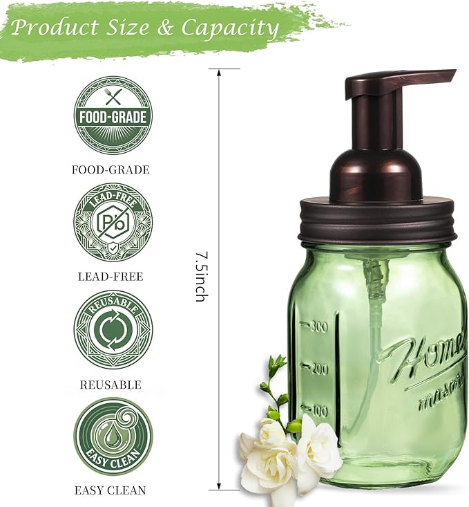 Amolliar Mason Jar Foaming Soap Dispenser, 16OZ Green Glass Hand Soap Dispenser, Plastic Pump & Stainless Steel Lid, Kitchen Dish Soap Bathroom Accessories, Farmhouse Soap Pump Bottle, Bronze 2 Pack