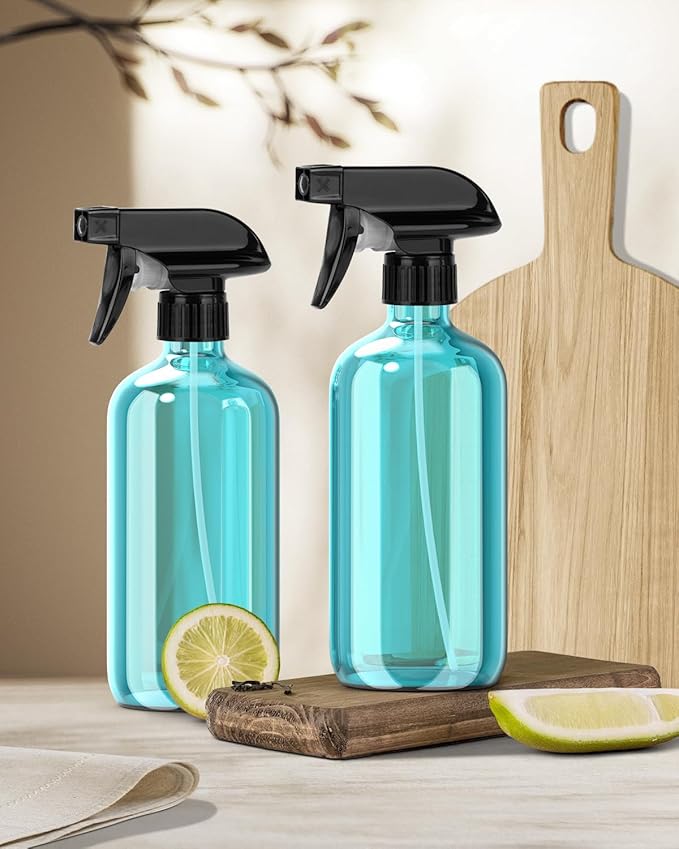 Bontip Glass Spray Bottle, Light Blue Glass Spray Bottle Set & Accessories Refillable for Plants Window Cleaners Aromatherapy Facial hydration Watering Flowers Hair Care (2 Pack/16oz) (Light Blue)