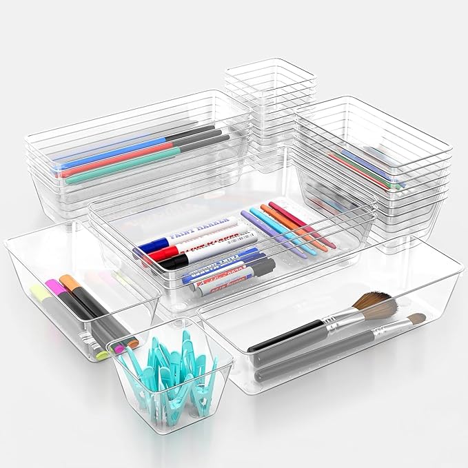 25 Piece Clear Drawer Organizer Set, 4 Sizes Bathroom Vanity Organizer Trays and Storage Bins for Makeup, Cosmetics, Jewelry, and Gadgets. Perfect for Office, Kitchen, Bedroom, Bathroom Use.
