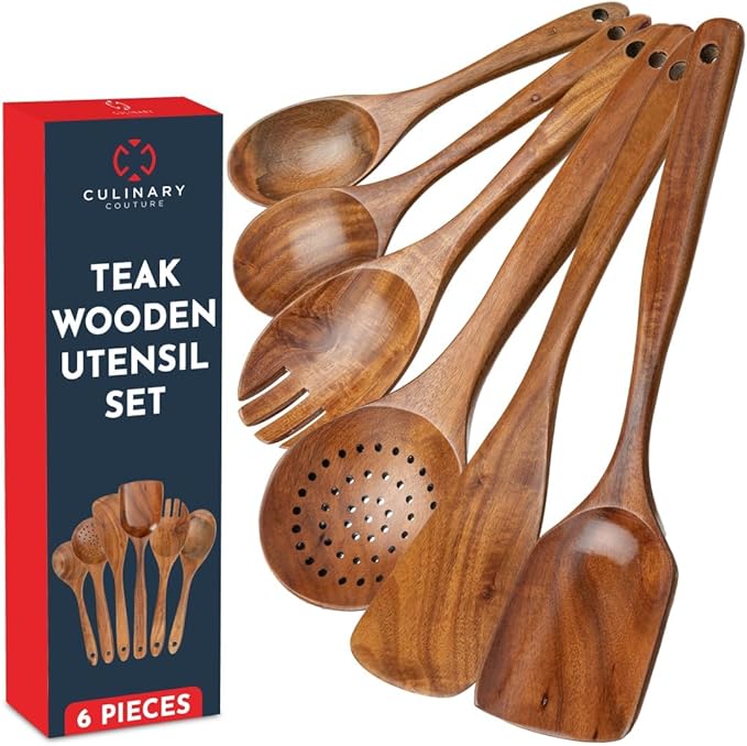 Teak Wooden Utensil Set 6-Piece - Smooth Finish Wooden Spoons for Cooking - Comfortable Grip, Non Scratch Premium Kitchen Wooden Cooking Utensils Set Teak Wood Cooking Utensils