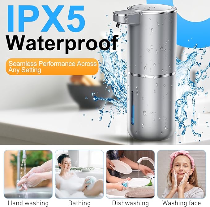 Automatic Foaming Soap Dispenser,Type-C Rechargeable Smart Hand Soap Dispenser,4-Level Adjustable, 13.5oz/380ml IPX5 Waterproof Wall Mounted for Bathroom Kitchen Dish Soap