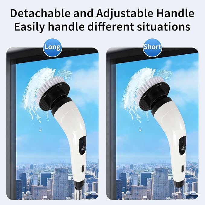 Rechargeable Electric Spin Scrubber, Waterproof Power Cleaner with 7 Brush Heads,1 Window Squeegee,2 Speeds Adjustable Long Handle for Bathroom, Floor