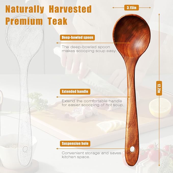 Wooden Spoons for Cooking, 1 Pcs Natural Teak Wooden Cooking Spoons for Non-Stick
