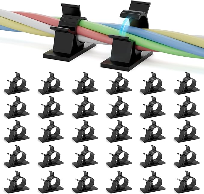 Viaky 30Pcs Black Wire Clips Self Adhesive Cables Clamps Adjustable Cable Organizer Cord Holder for RV, Car, Workshop, Electrical Ethernet, Audio Cables