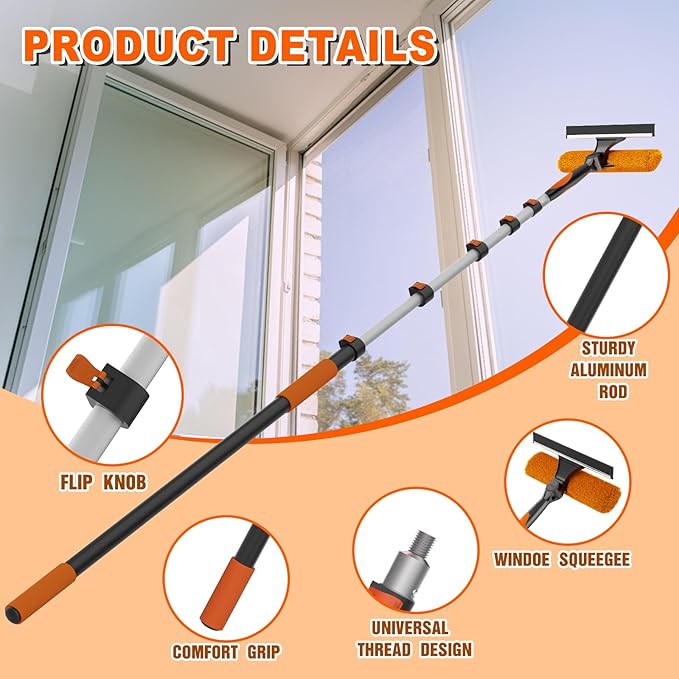 SISUPASSIE 30FT Reach 2-in-1 Window Squeegee, Professional Window Washing Kit with 5-24FT Extension Pole for Home