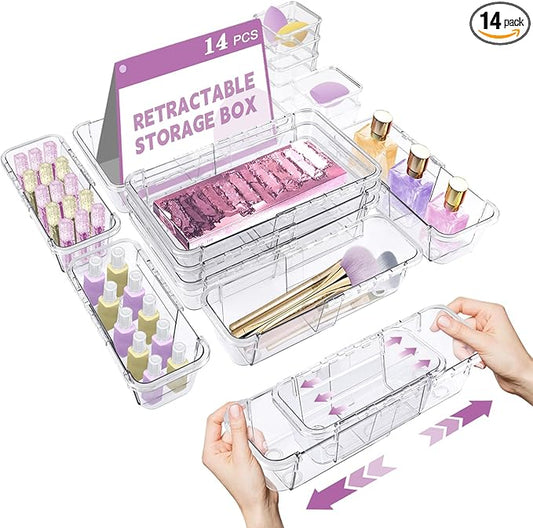 14 Pcs Clear Drawer Organizer, Adjustable Drawer Storage Box