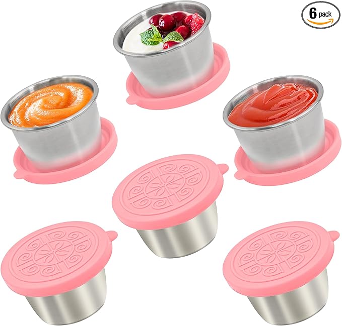 Qukaka 6x2.7 Oz Salad Dressing Container to Go,Handy Leakproof Stainless Steel Meal Prep Containers Reusable,Sauce Containers for Lunch Box, Picnics, Travel, Office and Kitchen Storage-Pink