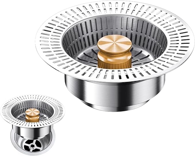 Kitchen Sink Stopper and Drain Strainer, Universal Kitchen Sink Drain Stopper Combo, Stainless Steel Anti-Clog Kitchen Drain Strainer (Yellow