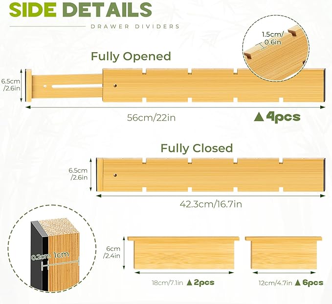 Bamboo Drawer Dividers 4PCS with Inserts, Expandable Kitchen Utensil Drawer Organizers,Adjustable drawer organizer for deep drawers Dresser Closet Underwear Storage Bedroom Bathroom Drawers(16.6"-22")