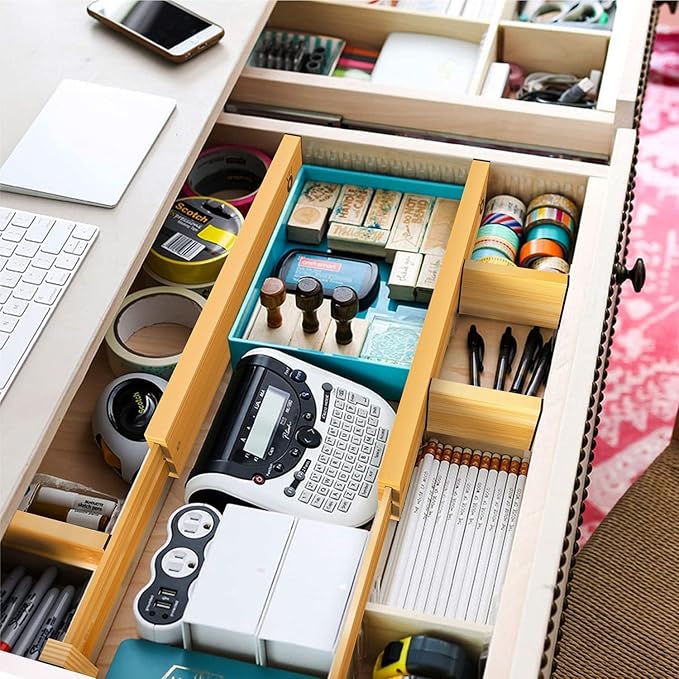 ANTOWIN Bamboo Drawer Dividers, Expandable Drawer Separators Splitter, 17-22 inches Adjustable Spring-loaded Organizer for Large Utensil, Clothes, Tools Drawers, 6 Pack Dividers + 4 Pack Baffle