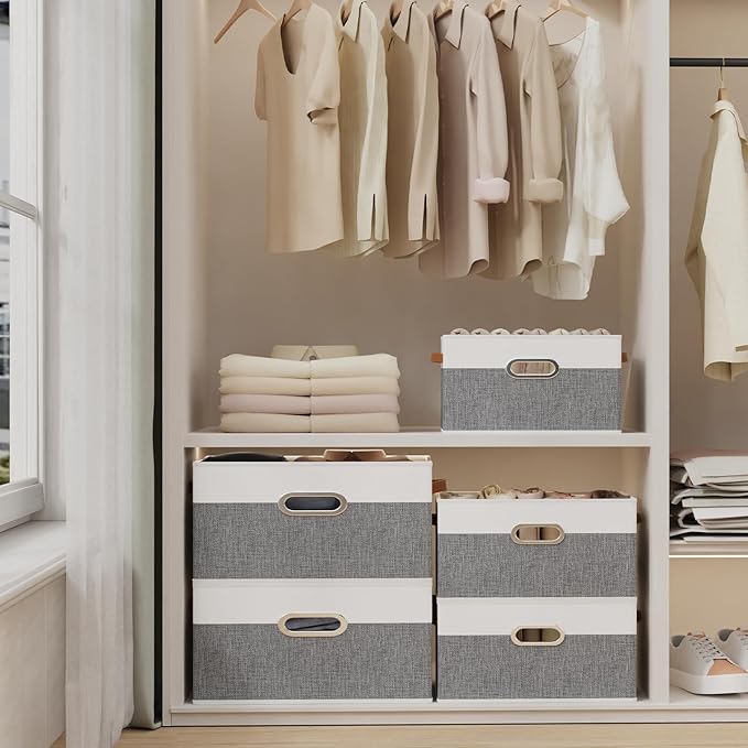 Yawinhe Fabric Storage Baskets, Foldable Closet Organizer for Shelves, Large Boxes with 3 Handles, Canvas Bins for Clothes, White/Grey