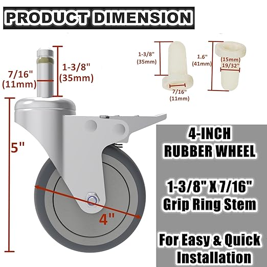 RILIDRI 4-Inch Swivel Stem Caster, 7/16-Inch Stem Diameter Rubber Wheel, Heavy Duty TPR Replacement Wheels for Rubbermaid Mop Bucket Cart Grill Casters - 4 Pack (2 Brakes 2 Swivel)