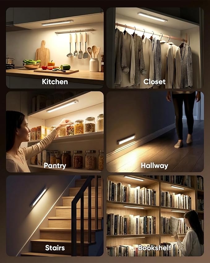 12inch Under Cabinet Lighting, 152LED Motion Sensor Light Indoor, USB Rechargeable Closet Lights, 3 Color Temps, Dimmable, Wireless Under Counter Lights for Kitchen, Stairs, Pantry, 2 Pack
