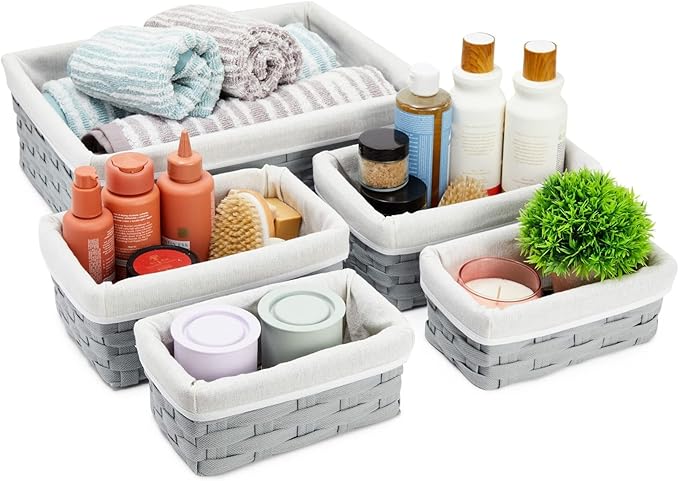Wicker Nesting Baskets with Cloth Lining, 5-Pack Gray Rectangular Set