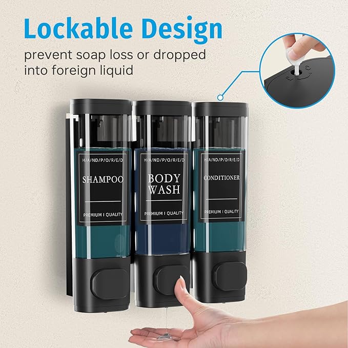 Shower Soap Dispenser No Drill, 3 Chamber Wall Mounted Shampoo and Conditioner Dispenser for Bathroom Hotel Large Capacity