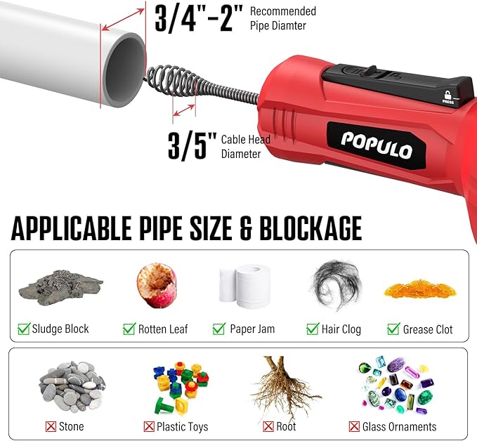 POPULO Auto-Feed 17FT Drain Snake Auger for 3/4"-2" Pipe, Plumbing Snake Drain Auger with Drill Adapter, Sink Snake Drain Hair Remover for Kitchen