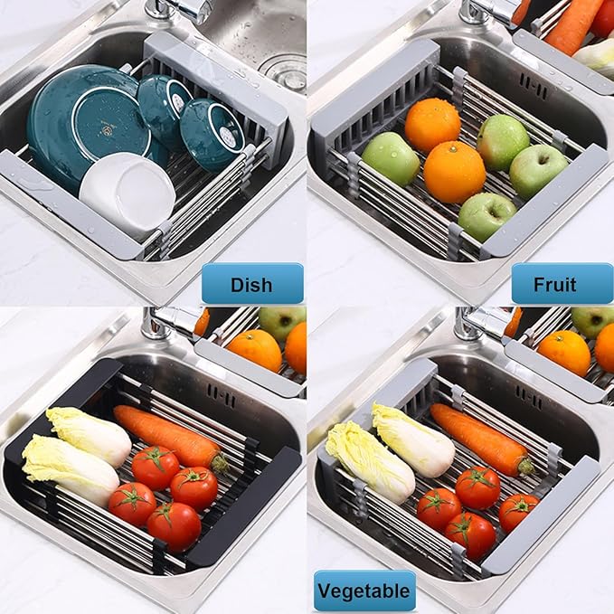 Aspasia Dish Drying Rack Grey, Adjustable Stainless Steel Drainer Basket Drain Tray for Dish Vegetable Fruit, On Counter Dish Rack or in Sink Over Sink Kitchen Basket Dish Drying Rack, Large