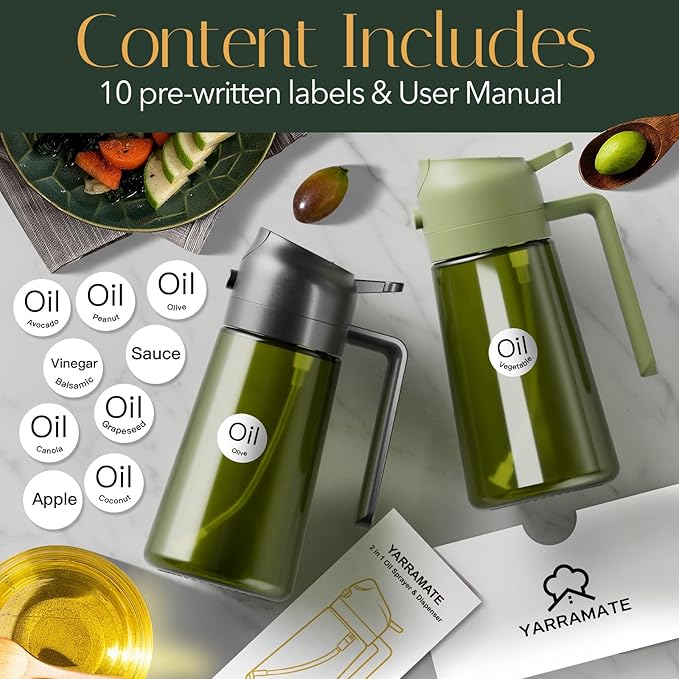 YARRAMATE 16oz/470ml Light-Blocking Dark Oil Sprayer for Cooking, 2 in 1 Olive Oil Dispenser Bottle for Kitchen, Premium Dark Green Glass Oil Bottle, Food-Grade Oil Mister for Air Fryer, BBQ (Black)