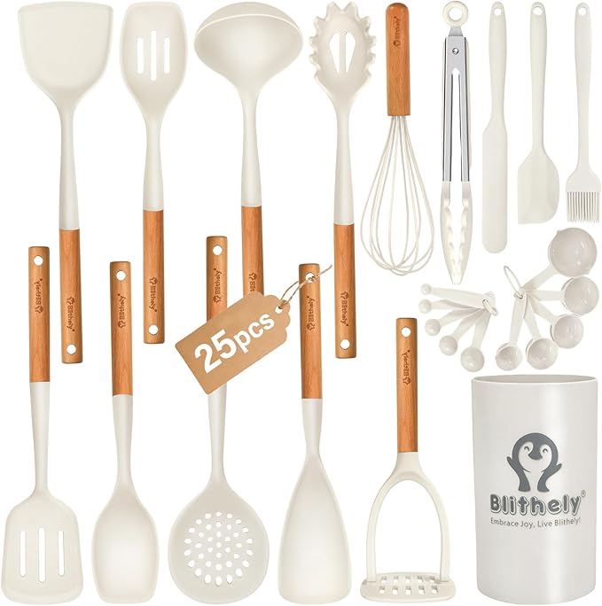 Large Silicone Kitchen Utensils Set with Holder, 25Pcs Cooking Utensil Set with Wooden Handle, Heat Resistant Spatula Sets for Cooking, BPA Free Silicone Utensils Set for Non-Stick Cookware(White)