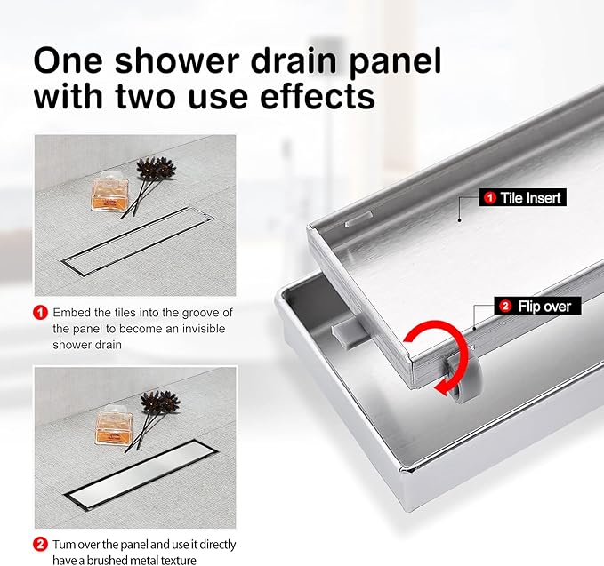 SaniteModar Linear Shower Drain, Shower Drain 12 inch Tile Insert 2 in 1 Panels, 304 Stainless Steel Brushed Shower Floor Drain
