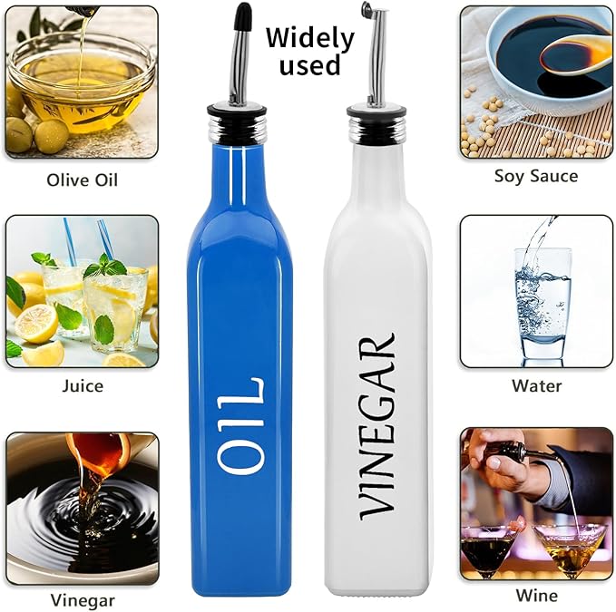 Olive Oil Dispenser Bottle,2 Pcs 17oz 500ml Glass O il and Vinegar Dispenser Set with 2 Stainless Steel Pourers, 8 Labels,Funnel Vinegar Bottles for Kitchen (Blue Oil & White Vinegar)