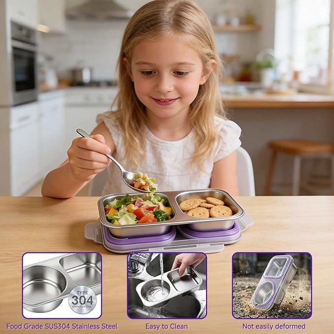 Stainless Steel Snack Containers with Lid, Reusable 2 Compartment Snack Box Leak-Proof Food Storage Container, 13 Oz BPA-Free Metal Bento Lunch Box for Home, Travel, Picnic (1 Pack, Purple)