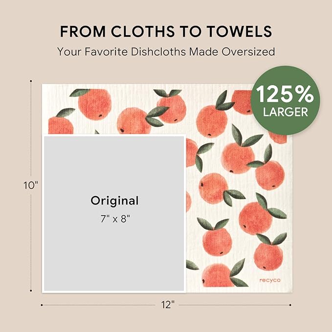 RECYCO Swedish Dishcloths for Kitchen | 4 Pack Oversized Washable Dish Rags | Large Cellulose Reusable Cleaning Paper Towels | Absorbent Counter Dish Cloth Sponge XL Kitchen Wipes, 12" L x 10" W