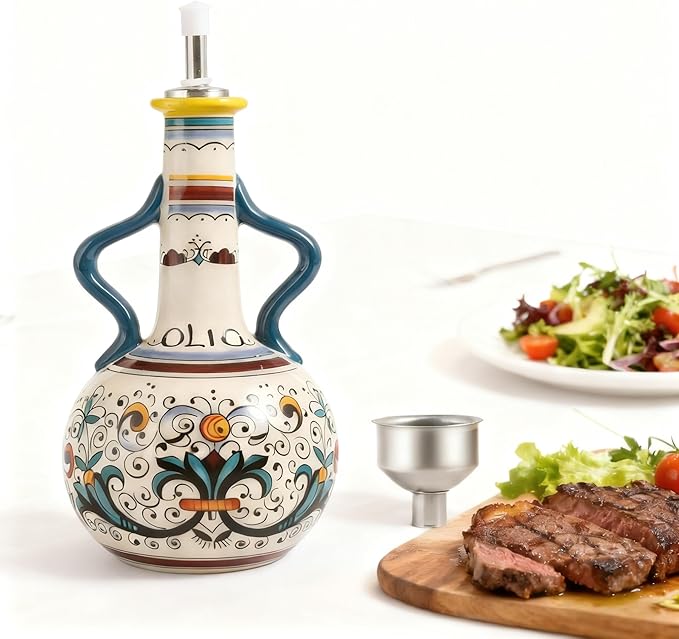 Ceramic Olive Oil Dispenser Bottle 23oz, Large Olive Oil Container for Kitchen, Oil & Vinegar Cruet with Stainless Steel Spout, Ceramic Oil Dispenser with Handle, Drip-Free Cooking Cruet (B)
