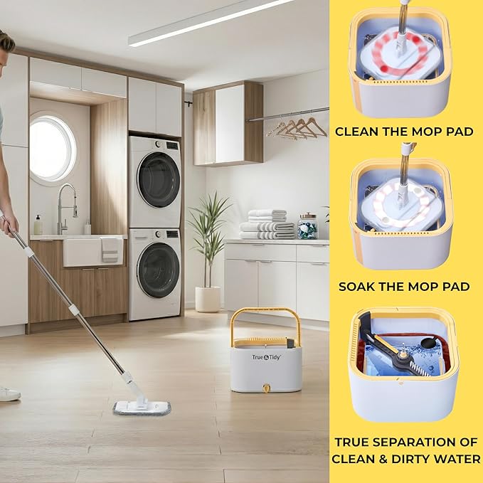 True & Tidy® TrueClean Spin Mop 2.0 w/Detachable Inner Bucket, Self Standing, Separates Clean and Dirty Water, Foldable Square Mop Head, Triple Jet Stream w/Hidden Brush, Replaceable 2pc Pads