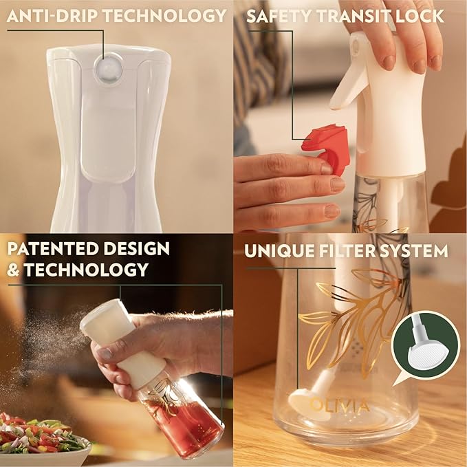 OLIVIA SIGNATURE Advanced Kitchen Oil Sprayer Technology, Fine Mist & Portion Control, Refillable Glass Olive Oil Cooking Spray Bottle for Air Fryer, Salad, BBQ, 2 Pack 200ml (White)