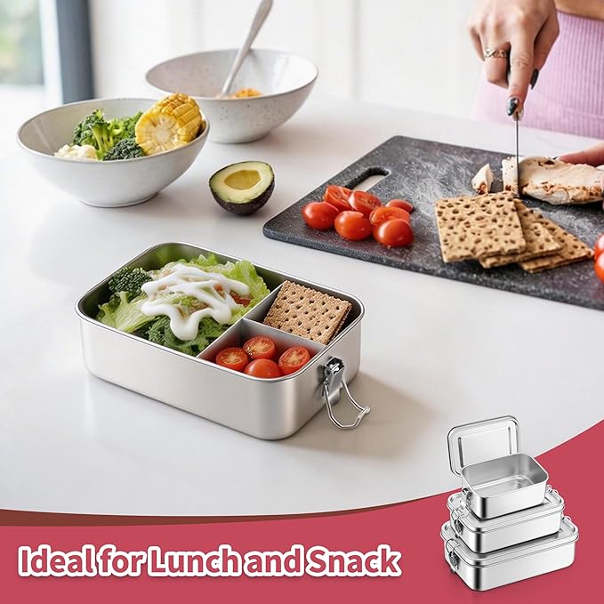 TeamFar Stainless Steel Bento Box, 3 Pack (18.6 & 28 & 47oz) Metal Lunch Box with 3 Compartments for Adults/Kids, Lunch Food Containers for School/Work/Meal Prep, Leak-Proof, 550ML+850ML+1400ML