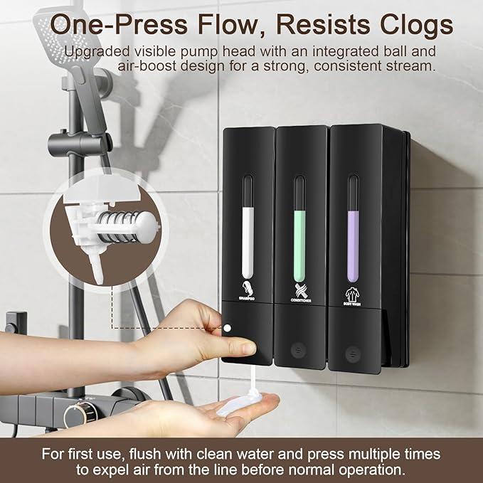 3 Chamber Shampoo and Conditioner Dispenser, No Drill - Wall Mounted Shower Soap Dispenser, Refillable Body Wash Dispenser Set 3, 1200ML Large Capacity, for Bathroom & Hotel, Black
