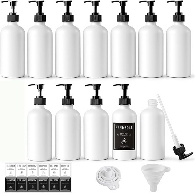 TBWIND 12 Pack 8oz White Glass Soap Dispenser Bottles with Pumps, Refillable Glass Bottles for Shampoo, Conditioner & Lotion, Ideal for Bathroom, Kitchen, Waterproof Labels & Funnels Included