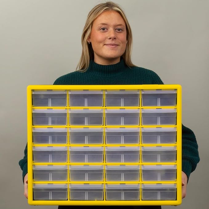 Akro-Mils 24-Drawer Plastic Drawer Storage Cabinet for Garage Organization, Bead Organizer, Building Bricks Storage, Teacher Toolbox, Makeup Organizer, 20" W x 6" D x 16" H, 10124 Yellow