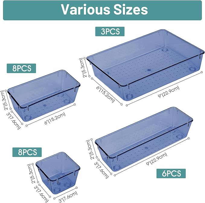 25 PCS Plastic Drawer Organizer Set, Clear Dark Blue