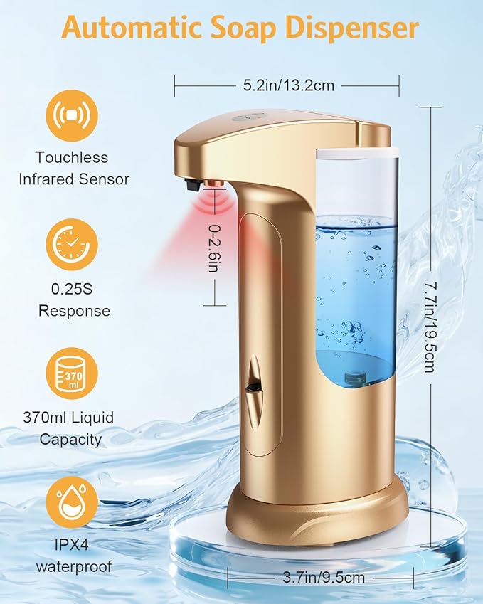 2 Pack Automatic Soap Dispenser, 370ml Touchless Automatic Liquid Soap Dispenser, Battery Operated Hand & Dish Soap Dispenser with Infrared Sensor, 3 Dispensing Levels, for Kitchen Bathroom